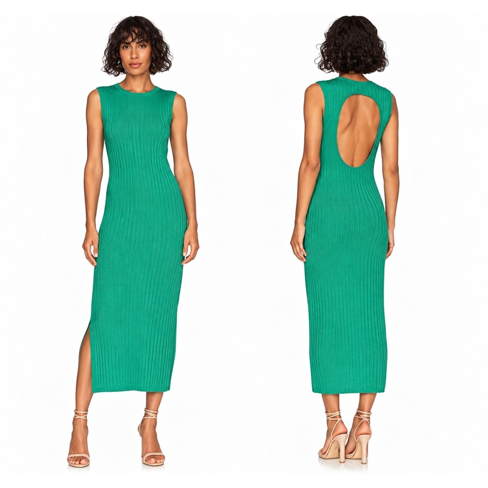 House of Harlow 1960 Ribbed Open Back Metallic Midi Dress Green Medium